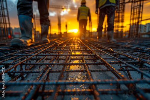 Construction workers are walking in building site over steel grid with beautiful sunset in the background. photo