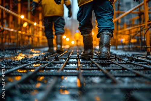 Two construction workers are walking across wet and muddy steel floor at night.