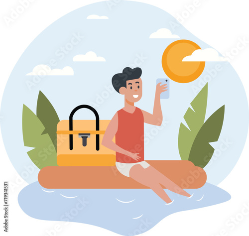 Lost man sitting on a log on a happy island with travel items such as a suitcase and camera, under a summer sky surrounded by palm trees. Vector illustration.