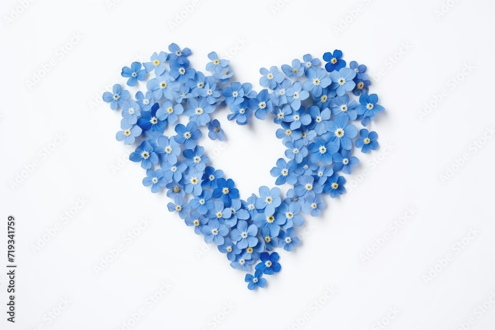 Minimalist design of forget-me-nots in shape of heart, Valentine's Day, top view, on solid white background
