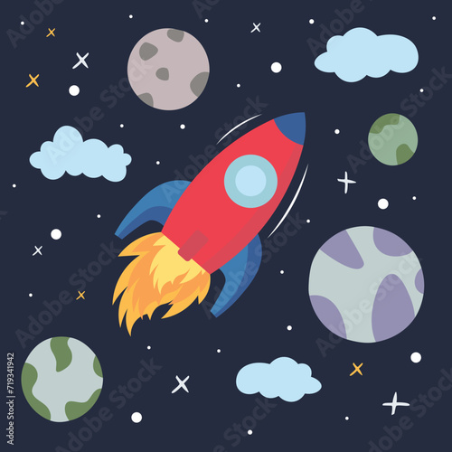 Space filled with planets, clouds, and stars against a dark night sky, with a rocket firing its engine, propelled to travel through the astrological universe. Vector illustration.