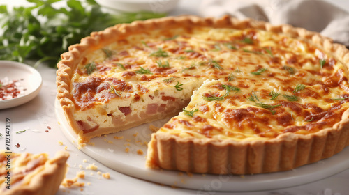 Quiche Lorraine pie with beechwood smoked bacon, creamy Cheddar cheese, and free-range egg in shortcrust pastry on a white plate and modern white background. Banner with copy space.