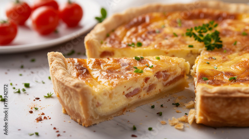 Quiche Lorraine pie with beechwood smoked bacon, creamy Cheddar cheese, and free-range egg in shortcrust pastry on a white plate and modern white background. Banner with copy space.