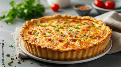 Quiche Lorraine pie with beechwood smoked bacon, creamy Cheddar cheese, and free-range egg in shortcrust pastry on a white plate and modern white background. Banner with copy space.