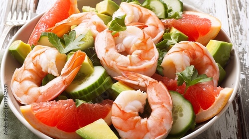 Fresh shrimp salad with avocado and grapefruit slices on a marble table.