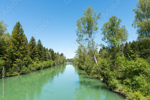 calmly flowing river Loisach near Benediktbeuern  upper bavarian landscape