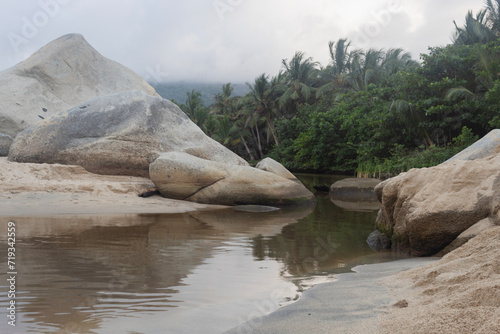 mangrove swamp and big rocks with a tropical river in middle of Tayrona park in colombia