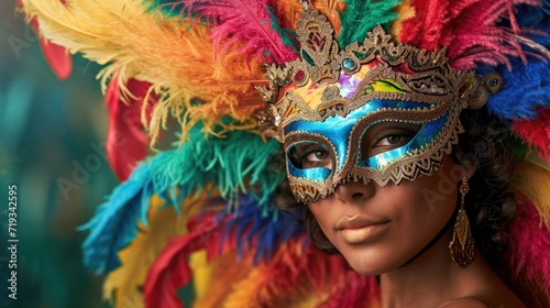 A woman in an ornate masquerade mask with feathers and beading, embodying the Brazilian carnival's spirit