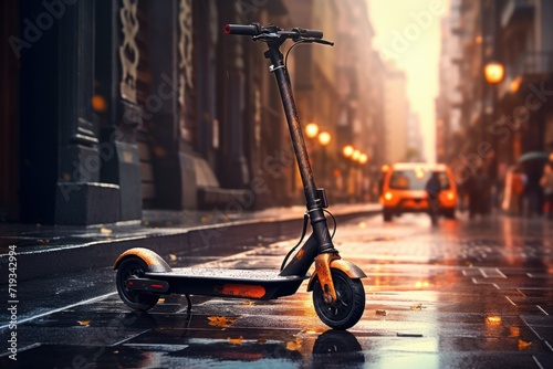 Electric scooter with night city background, Electric scooter on night street, AI generated