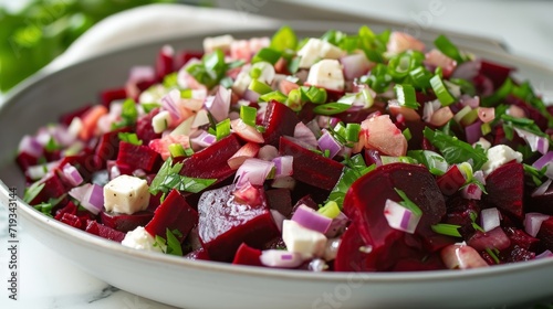Beetroot and feta cheese salad on a large plate with green leafy vegetables.