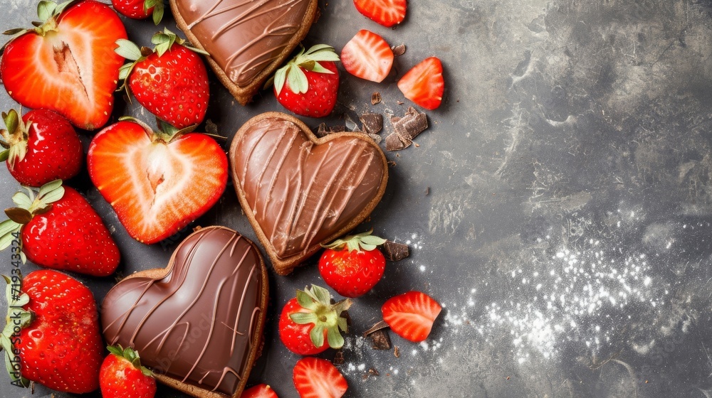 Heart-shaped chocolates with strawberries and chocolate pieces on dark stone background. Heart-shaped chocolates with strawberries and chocolate pieces on dark stone background.