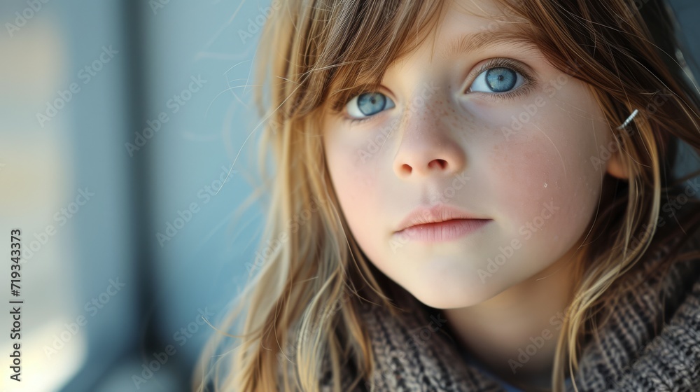 Close-up portrait of a young girl with blue eyes and a contemplative expression.