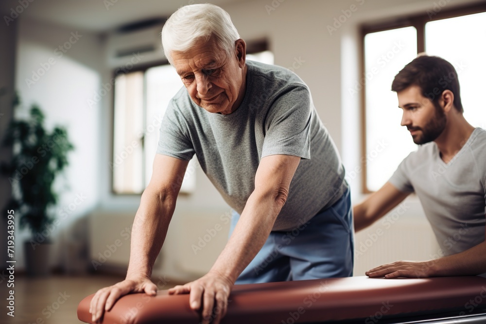 Focused senior patient with supportive physiotherapist during a rehabilitation session Focused senior patient with supportive physiotherapist during a rehabilitation session