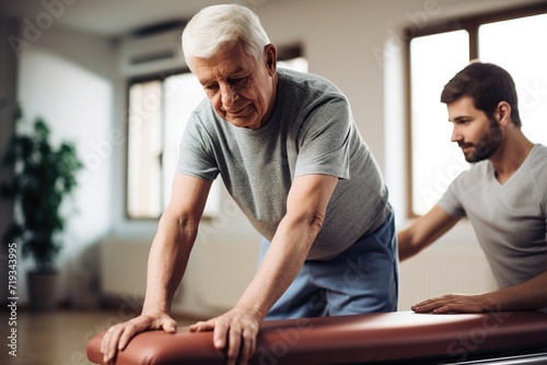 Focused senior patient with supportive physiotherapist during a rehabilitation session