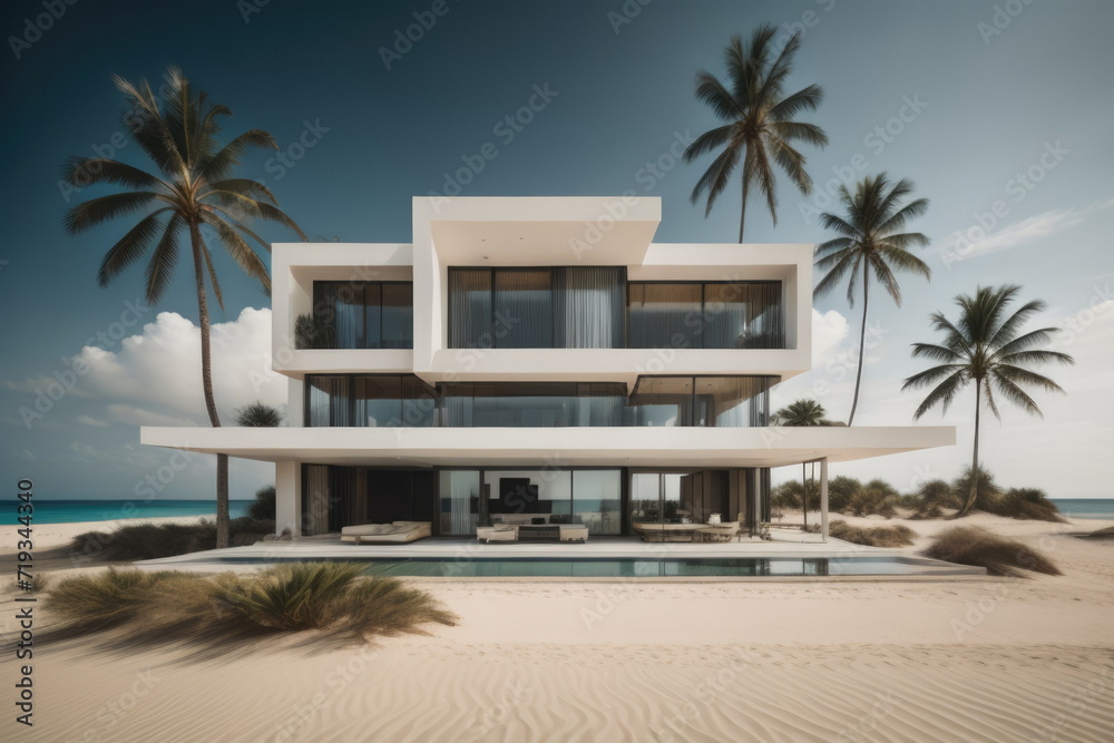 Fototapeta premium Modern villa on a tropical sand beach among palm trees