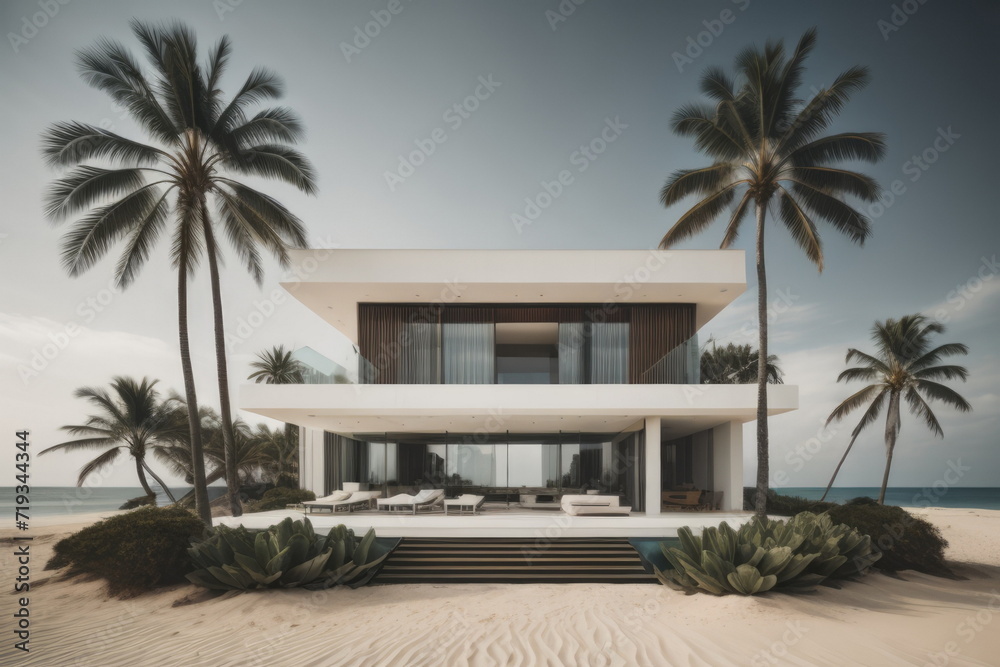 Modern villa on a tropical sand beach among palm trees