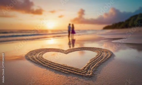 Heart drawn in the sand on a tropical beach and silhouette of a couple meets the dawn together at the sea. Love and romance concept, Valentines day background