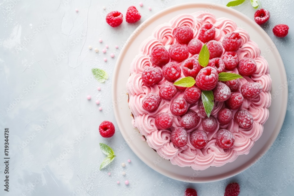 raspberry cake with raspberries , in the style of light pink raspberry cake with raspberries , in the style of light pink