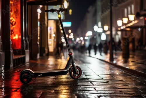 Electric scooter on a city night street, electric scooter in the city landscape, standing on the road, Electric scooter in the city, AI generated © Tanu