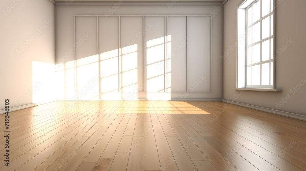 Empty room with white walls and large windows and wooden floor. Lots of sunshine Empty room with white walls and large windows and wooden floor. Lots of sunshine