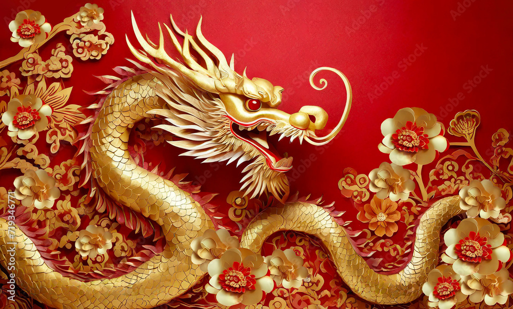 Fototapeta premium Gold Shiny Traditional Chinese Dragon On Red Background With Gold Flowers Lunar New Year