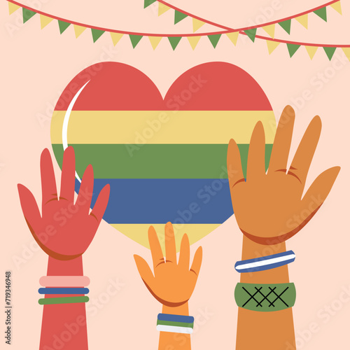 A collection of hands with various skin tones, adorned with colorful bracelets featuring striking patterns, celebrating with a gay pride heart decorated with green and yellow garlands