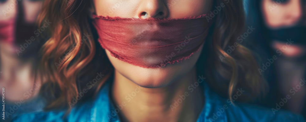 Scared girl with tape on her mouth. AI generated. Scared girl with tape on her mouth. AI generated.