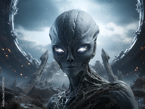 Fantasy portrait of alien on a dark futuristic landscape background