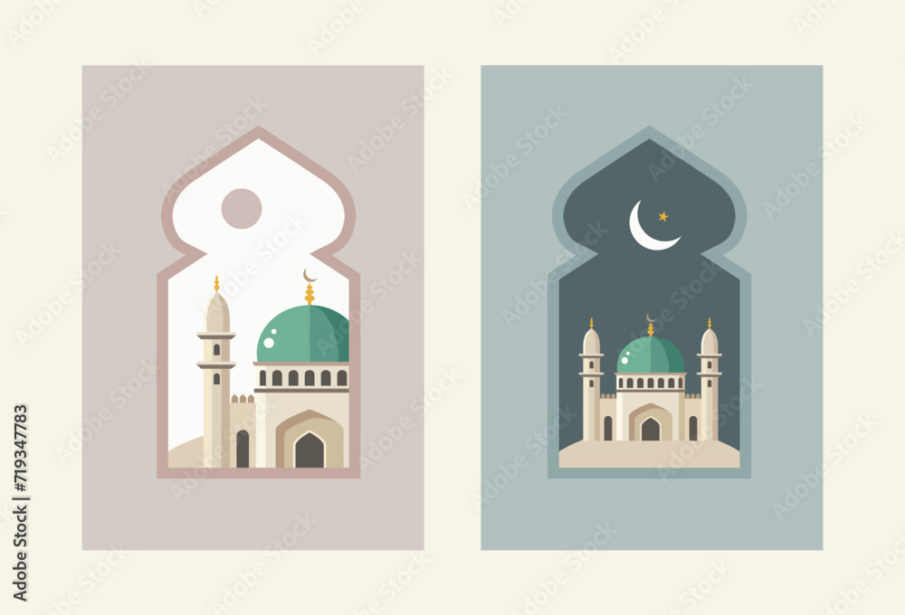 Ramadan Kareem set of posters, cards, holiday covers. Modern beautiful flat design, pastel colors. Mosque, minaret. Moon crescent, stars, sky. Sunset threw arches window. Eid ul Fitr vector background