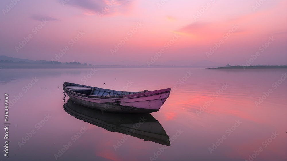 Solitary Boat on Tranquil Waters at Dawn