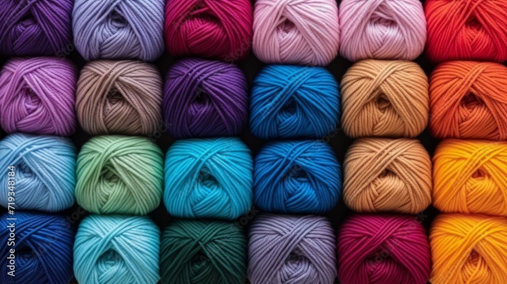 Many multi-colored balls of threads on a knitted fabric, close-up. Neural network AI generated art Many multi-colored balls of threads on a knitted fabric, close-up. Neural network AI generated art