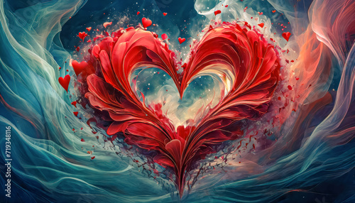Peinture d'un double coeur en pétales rouge, Saint Valentin, mariage, sentiment d'amour et de romantisme