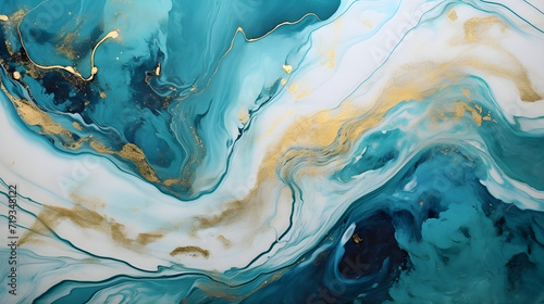 Close-up of the painting. Colorful abstract painting of turquoise background. High texture oil paint. High quality of details. Marbling. Gilding. Marble texture. Paint splash. Colorful liquid. Acrylic
