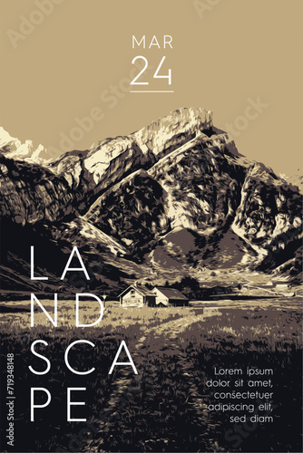 Countryside landscape. Sun, mountains, trees, Scandinavian style. Modern layouts, trendy colors. Vector illustration.