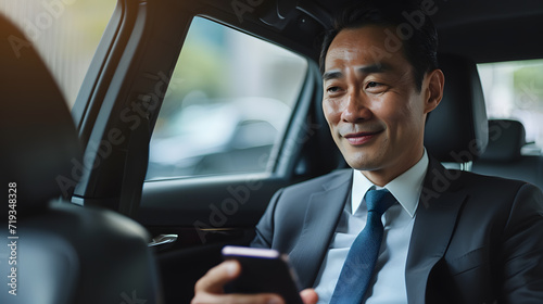 Successful middle-aged businessman sits in car with phone in his hands and smiles. © CozyDigital