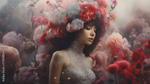 A girl of Asian appearance with flowers in her hair. Fairy of flowers. fantasy