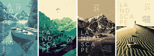 Collection of landscapes. Sun, mountains, moon, trees, lakes, rivers. Japanese, Nord, Scandinavian style. Modern layouts, trendy colors. Vector illustration.