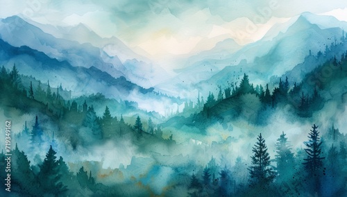 watercolor painting of mountains and fog Generative AI