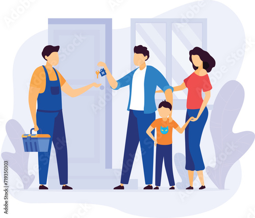 Family receiving new house keys from repairman, happy homeownership moment. Child watches as parents are handed keys, representing home buying success.