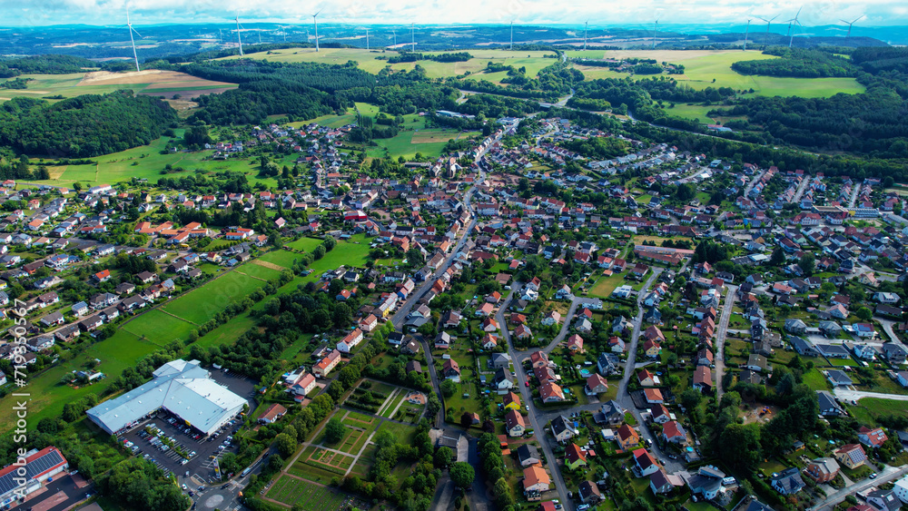 Aerial view around the town Freisen in Germany on an early morning in spring