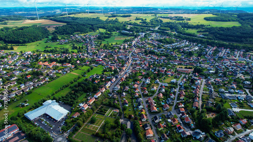 Aerial view around the town Freisen in Germany on an early morning in spring