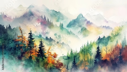 watercolor painting of a mountain landscape with trees Generative AI