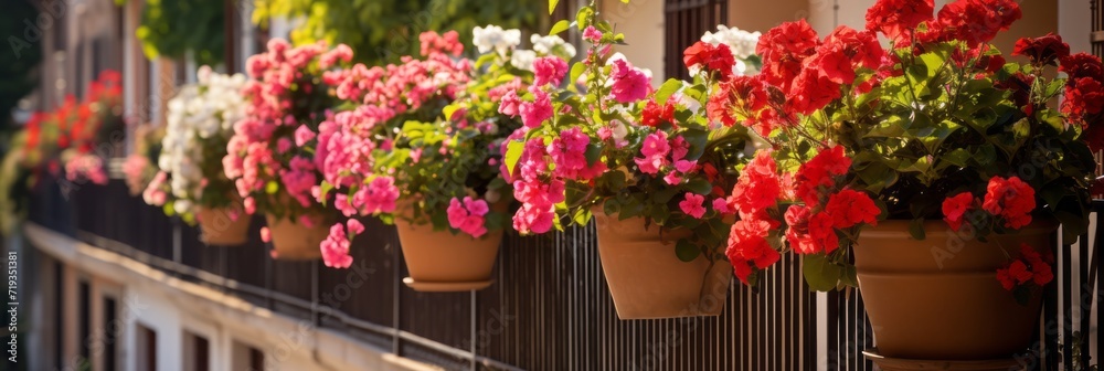 Hobby and recreation, beautiful balcony or terrace decorated with various flowers in pots, banner - obrazy, fototapety, plakaty 