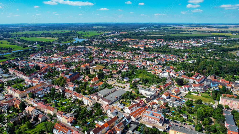 Aerial view around the town Roßlau in Germany on an early morning in spring