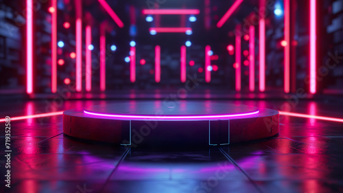 Neon podium with gaming background, mockup display stand for product presentation 
