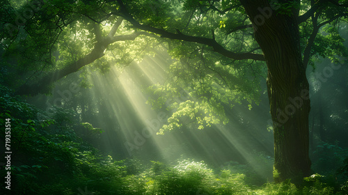 Ethereal Sunbeams Filtering Through Misty Forest Canopy © AiHRG Design