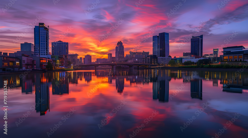 Dazzling Sunset Reflections Over the City Skyline