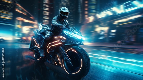 Motorcycle racing in future neon city. Neural network AI generated art
