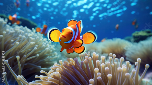 Orange clown fishs swimming in a sea anemone. © Wararat