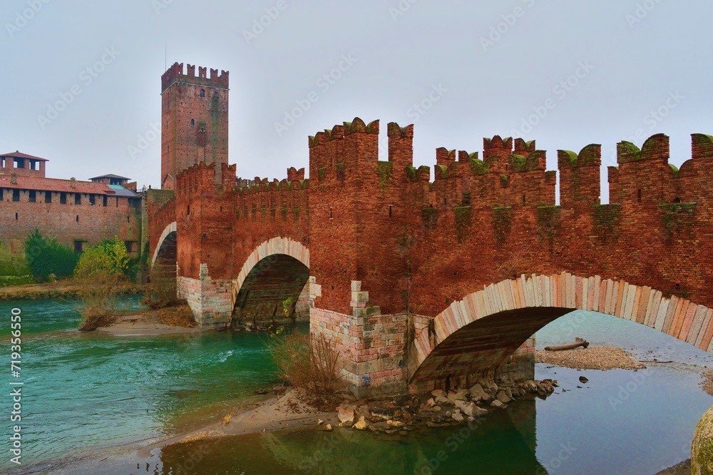 view of Castelvecchio, a medieval fort located in the historic center of Verona in Italy
